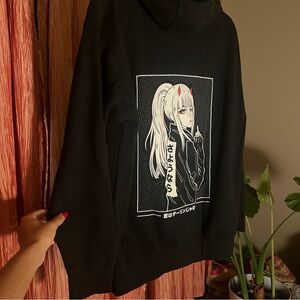 Graphic Anime Girl, Hello Senpai Lettering, Black Hoodie with Jawstring